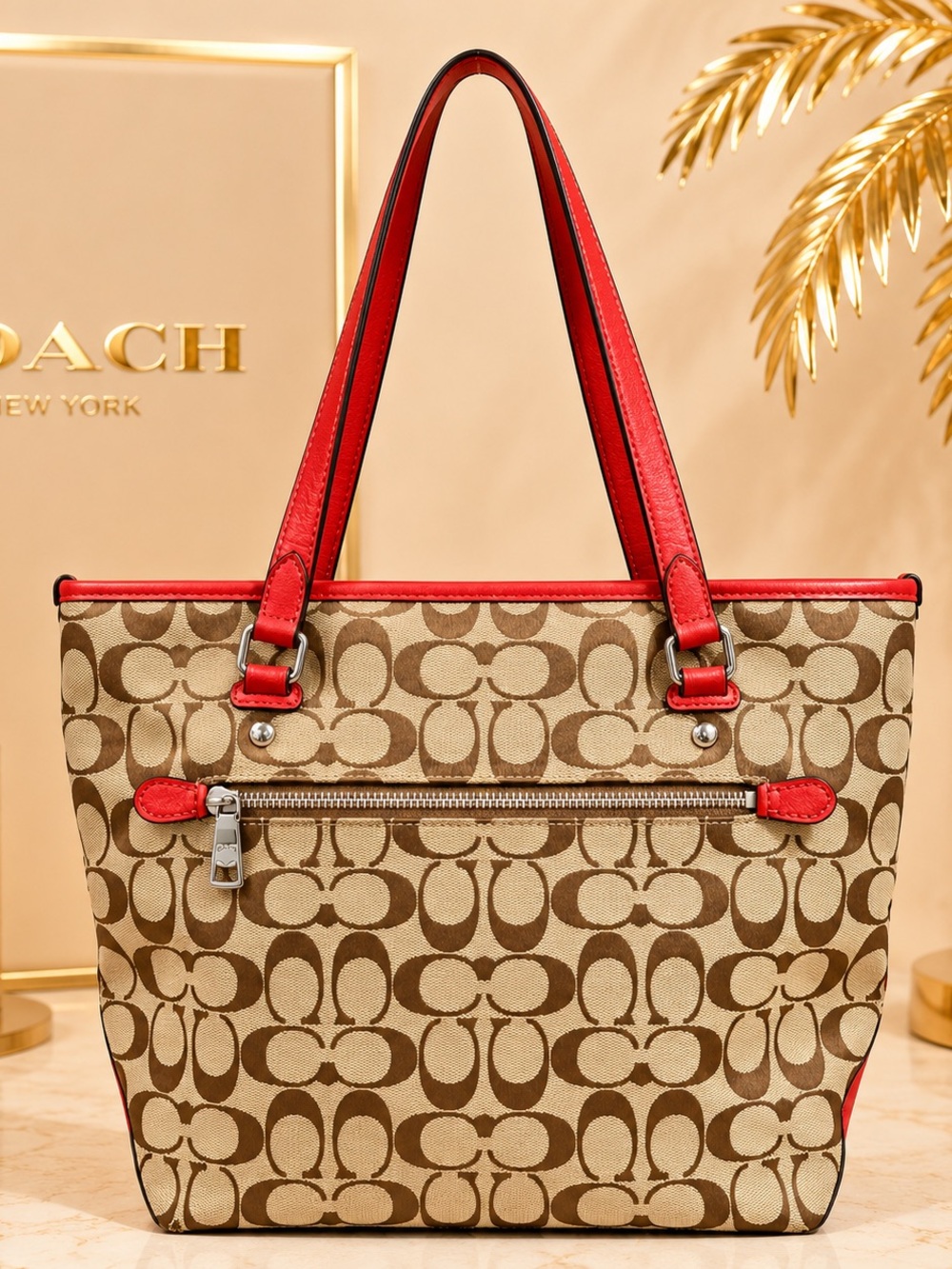 COACH Signature Jacquard Tote Bag Red Leather Trim - Picture 5 of 12